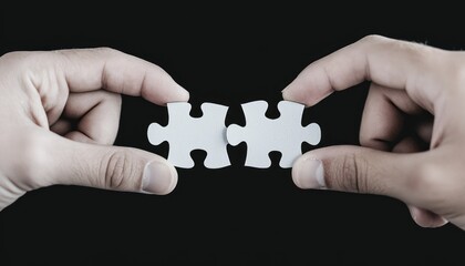 Two hands holding two white puzzle pieces against a dark background during a creative activity