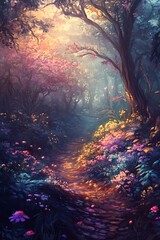 Fototapeta premium A Magical Forest Path Illuminated by Golden Sunlight