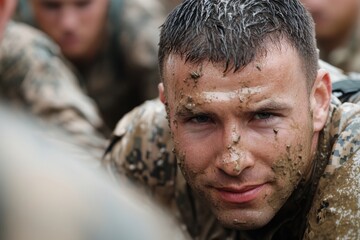 A soldier covered in mud looks intensely ahead, participating in a rigorous training exercise that tests his endurance, resilience, and commitment to excellence.