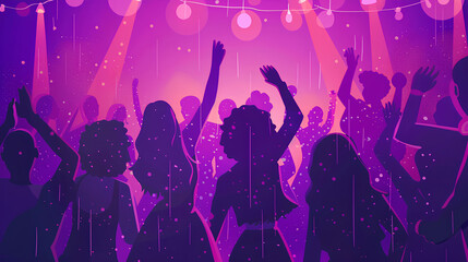 purple party background with silhouettes of a crowd and disco lights
