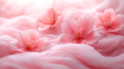 Delicate pink flowers rest gently on a fluffy, soft fabric, creating a tranquil and serene ambiance with a touch of artistic elegance.