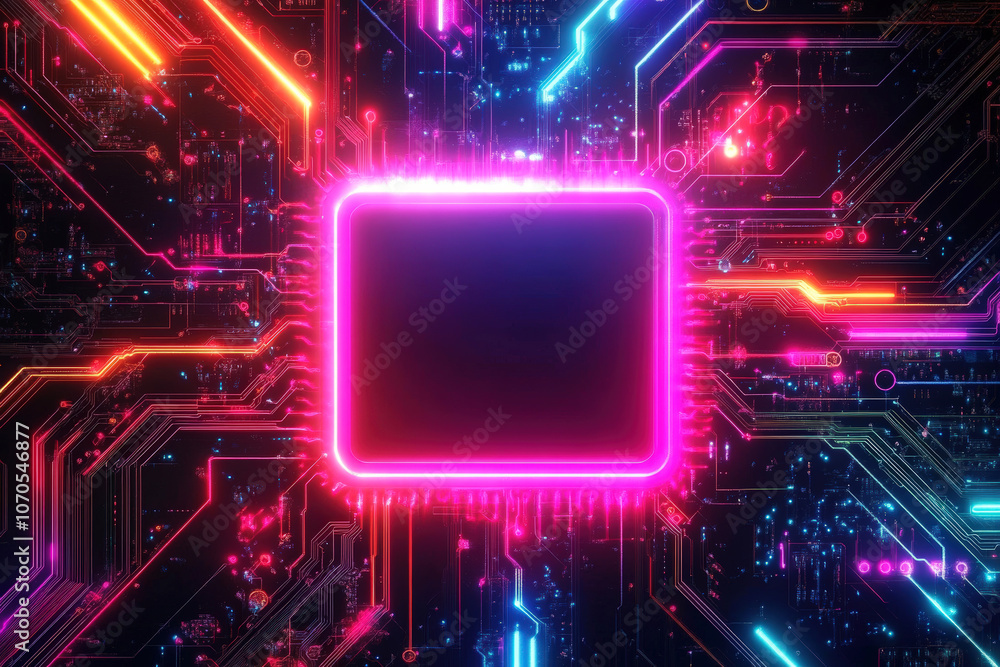 Poster Brightly lit circuits encircle a blank computer chip, showcasing a dynamic fusion of color and technology in a digital landscape