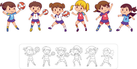 Cute Cartoon Children Team Playing with Soccer Balls