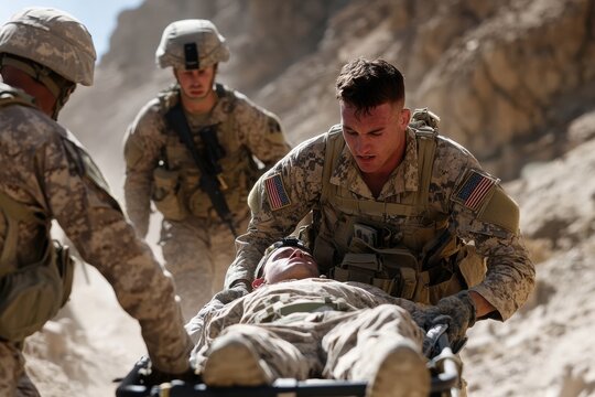 Three soldiers in uniform navigate a rocky desert carrying an injured comrade on a stretcher, displaying teamwork and dedication under harsh conditions.