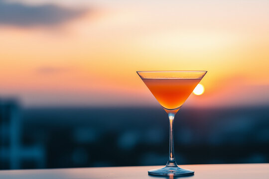 Close-up of a fancy cocktail at the rooftop bar with sunset in the background.