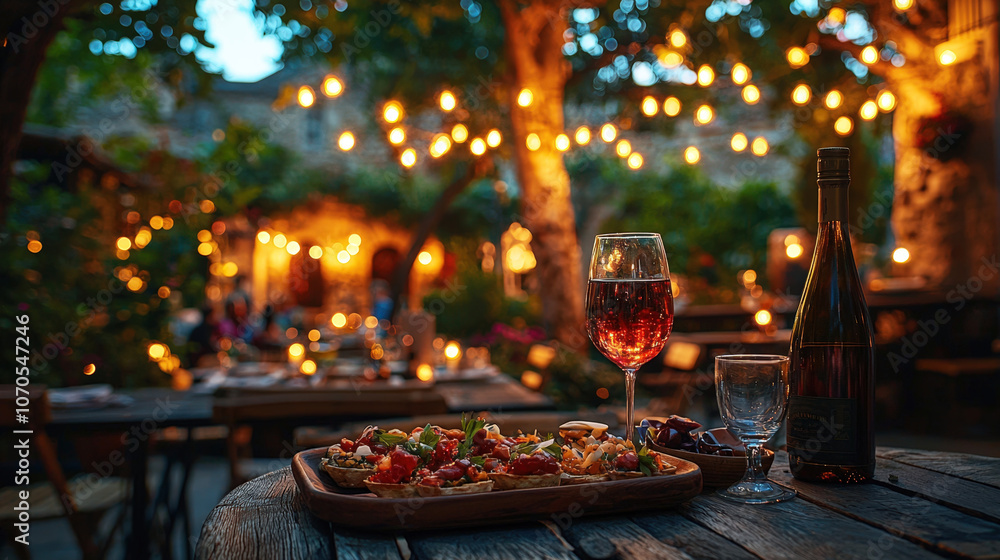Poster a beautifully arranged table showcases a platter of appetizers with wine surrounded by glowing fairy