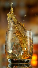 Freeze motion of falling ice cube into glass with whiskey . Bar with bottles on background.