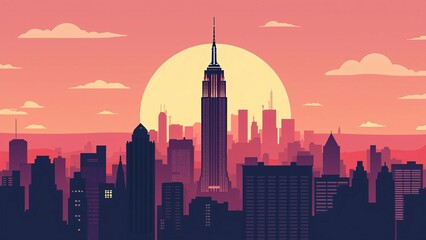 Silhouette of Urban Cityscape at Sunset with Towering Skyscrapers - Minimalist Illustration pc, laptop wallpaper