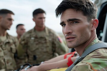 Fototapeta premium A soldier with a thoughtful and concerned expression, standing with fellow troops, representing the challenges and high stakes of military operations today.