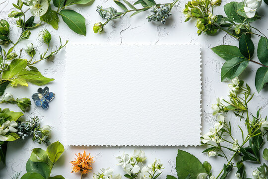 A blank card is surrounded by an array of fresh flowers and greenery, creating a vibrant, floral composition in soft lighting