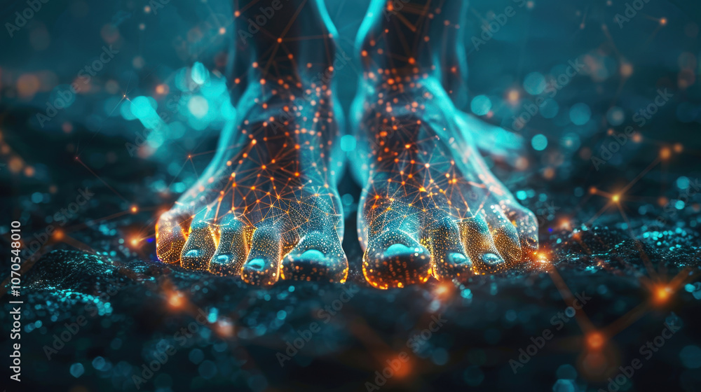 Poster glowing lines and dots illuminate human feet, showcasing a blend of technology and nature in an arti