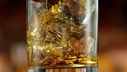 Freeze motion of pouring whisky into glass . Bar with bottles on background.
