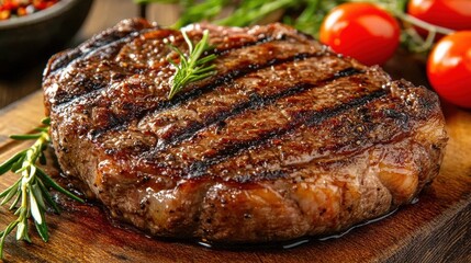Grilled Steak with Garnish and Tomatoes on Wooden Cutting Board