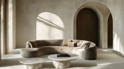 Scandinavian Minimalist Living Room: Curved Mohair Sofa, Modern Art Decor, Natural Light, Warm...