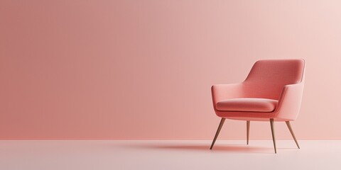 Obraz premium A stylish, modern armchair in a soft pink hue, placed against a matching pink wall, creating a minimalist and inviting aesthetic.
