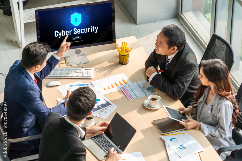 Poster cyber security system on computer screen protect private information snugly from hacker and cyber at