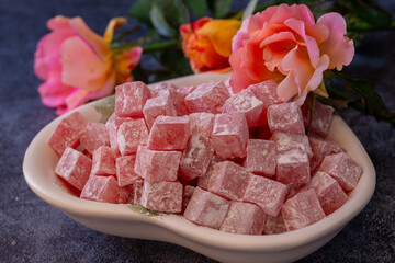 Türkish Isparta's rose delight. Rose flavored, fragrant fresh delight.