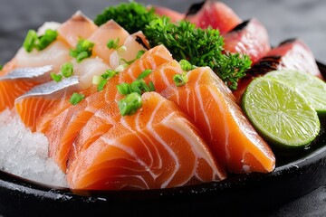 Freshly sliced salmon and tuna sashimi served with lime and garnished with herbs