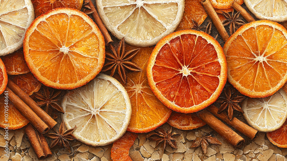 Poster various dried citrus slices and spices are artistically arranged on a textured background, enhancing