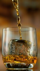 Freeze motion of pouring whisky into glass . Bar with bottles on background.