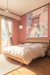 A Japanese-style bedroom with a white bed and an anime tapestry