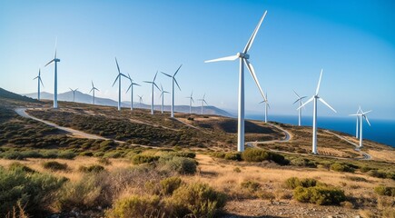 wind turbine in the wind, wind turbine in the field, close-up of wind generator, wind turbine against blue sky