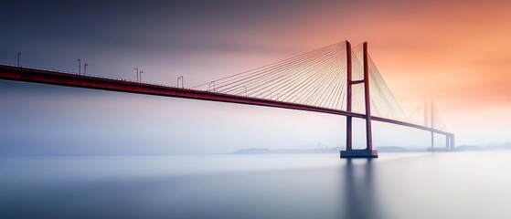 Beautiful sunset view of a suspension bridge over calm waters with soft light effects