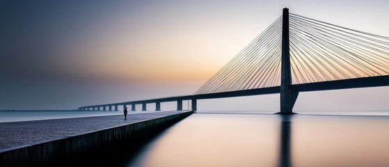 A solitary figure walks along the waterfront under the twilight of a modern suspension bridge