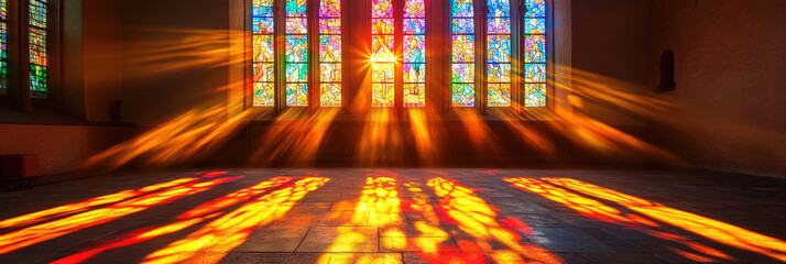 Golden sunlight filters through colorful stained glass, casting radiant patterns on the floor of a tranquil church