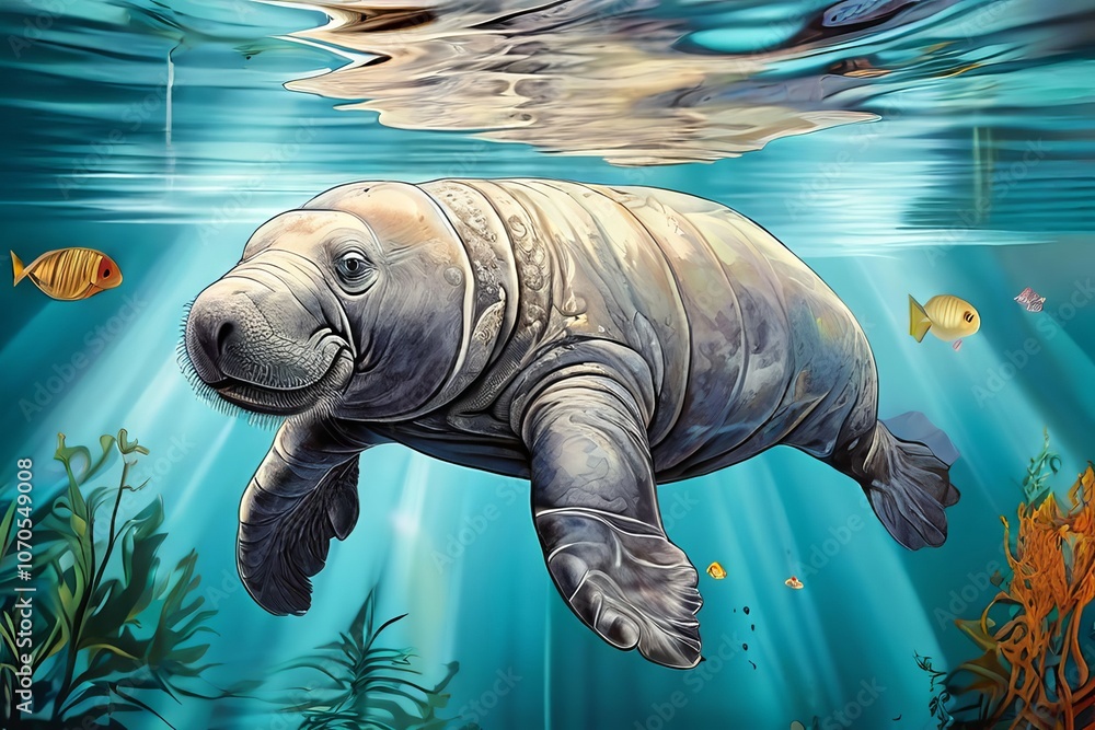 Poster manatee floating serenely a manatee appearing weightless as if f