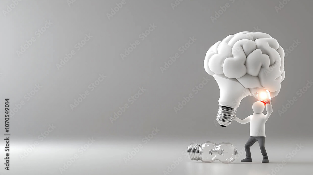 Aufkleber 3d person lifting brain shaped lightbulb, symbolizing breakthrough ideas and creativity. scene conve