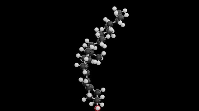 D4 vitamin. Animated 3d model of molecule. Molecular formula: C28H46O.Chemical model: Ball and Stick. Black background. Isolated. 3D rendering. Seamless loop