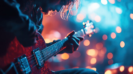 Obraz premium A musician strums an electric guitar, immersed in the performance with bright, colorful lights illuminating the backdrop