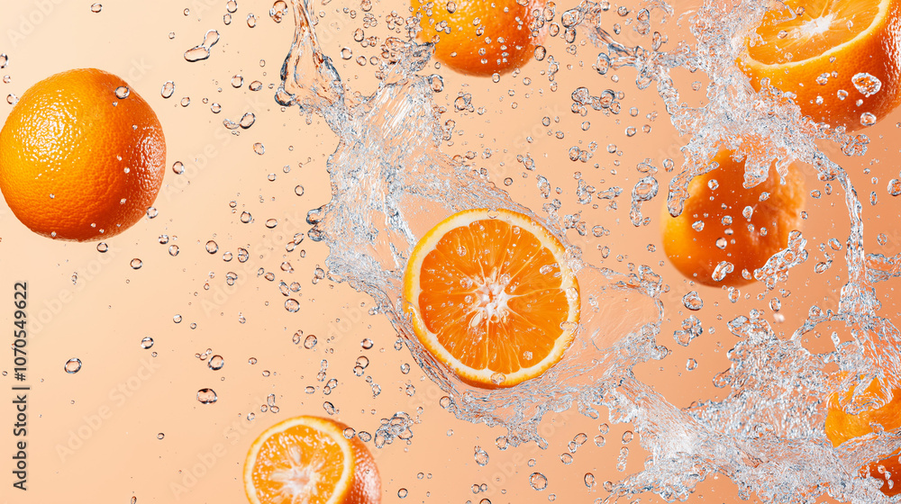 Poster orange splash: a refreshing burst of color and energy as juicy oranges and their slices splash throu
