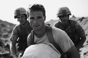 A striking black-and-white photo of soldiers moving purposefully on a battlefield, capturing a moment of determination and unity amidst the chaos of war.
