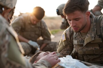 Soldiers administer medical aid to a fallen comrade on a battlefield at sunset, showcasing compassion, care, and the intensity of frontline medical assistance.