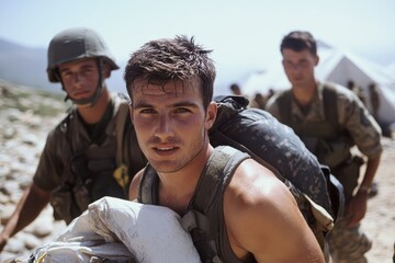 A soldier with a backpack carries supplies, focusing on his determined expression, while two comrades follow, representing resilience and camaraderie in a challenging environment.