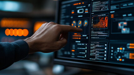 person interacting with digital display showing data analytics and graphs, emphasizing technology and information analysis. screen features various metrics and visualizations