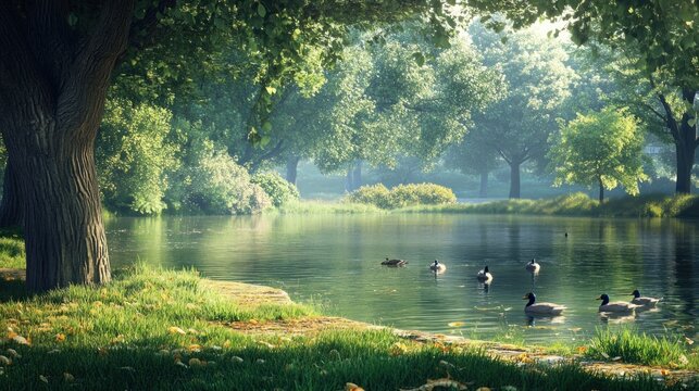 A peaceful park with a pond and ducks swimming around 