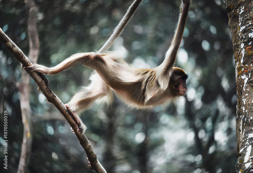 Poster monkey swinging blur capture a monkey swinging through trees wit