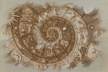 Astrological background. Vintage illustration art, grunge design. Concept of destiny, fortune, esoteric, magic, mysterious