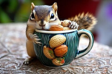 Obraz premium A chipmunk enjoys a feast of nuts from a colorful cup outdoors in sunlight