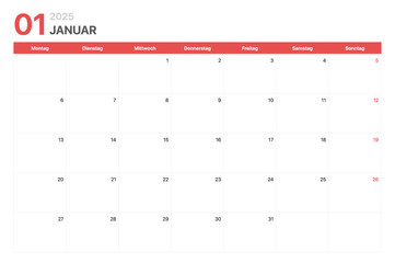 Kalender 2025. Die Woche des Kalenders 2025 beginnt am Montag. Minimalistischer und sauberer...