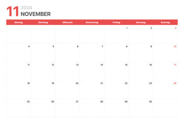 Kalender 2024. Die Woche des Kalenders 2024 beginnt am Montag. Minimalistischer und sauberer Firmenkalender für November 2024