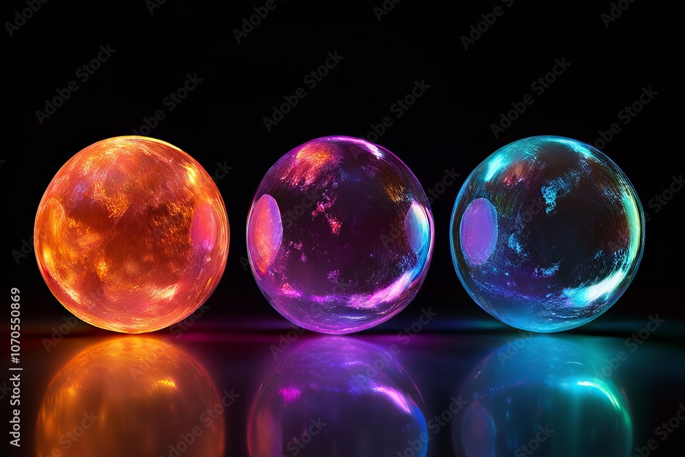 Poster multiple moons of varying sizes with holographic surfaces each r