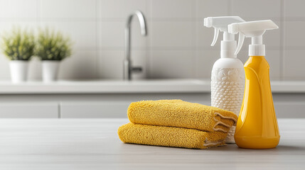 Eco friendly cleaning products on kitchen counter with yellow towels. scene conveys fresh and clean atmosphere, perfect for promoting sustainable living