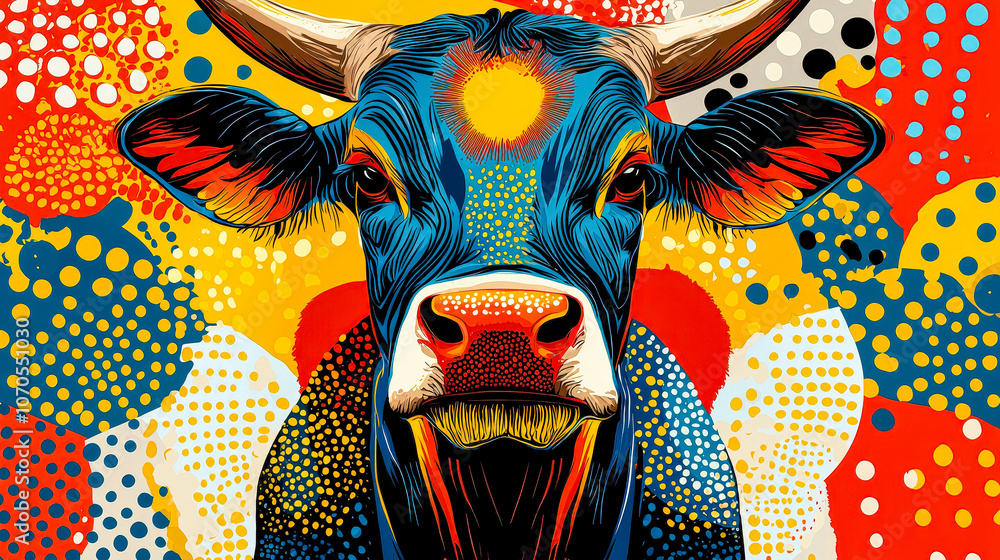 Poster the illustration features a bold depiction of a cow, showcasing intricate patterns in bright colors 