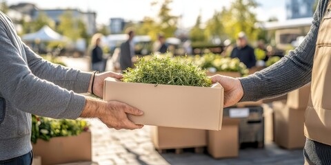 People exchanging a box of fresh plants at a market on a sunny day.