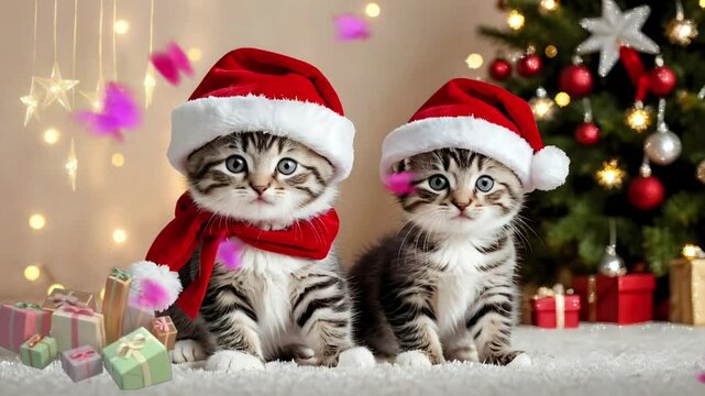 cat in santa claus hat with christmas tree
