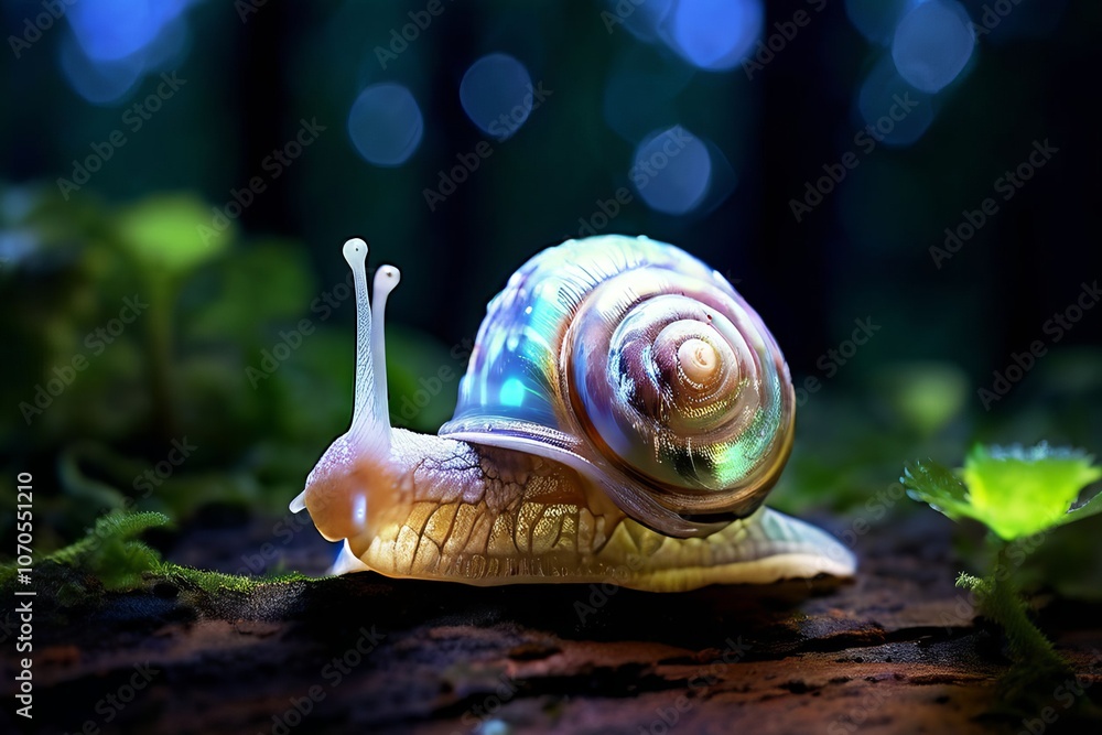 Poster name starlight snail a snail with a shell that glows softly in t